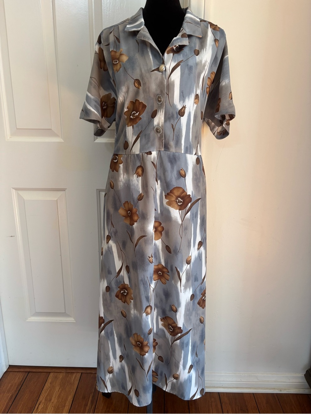 Gray Floral Maxi Dress with Brown Blooms
